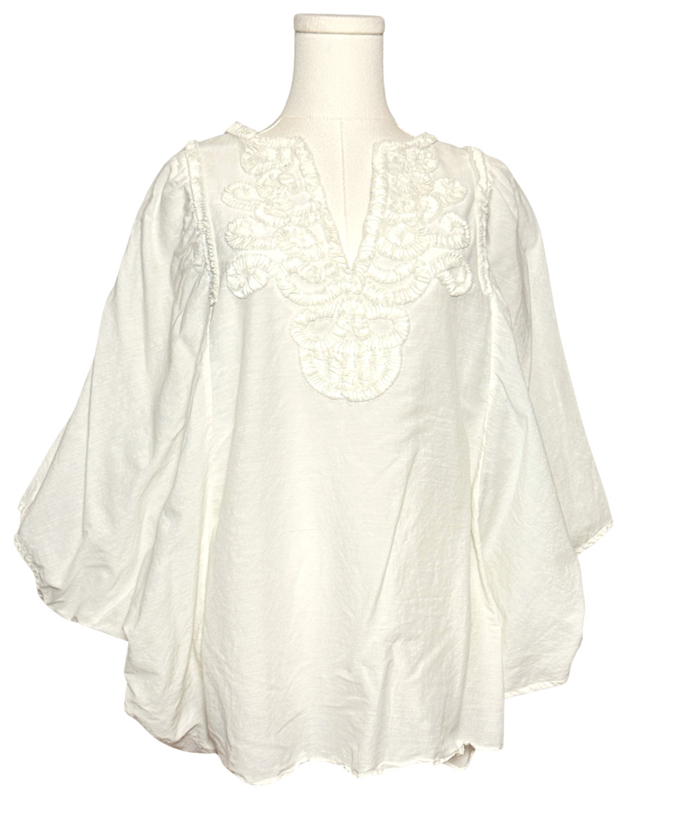BCBG Cotton Ruffled Embroidered Dolman Sleeve Sheer V Neck Blouse Ivory Small